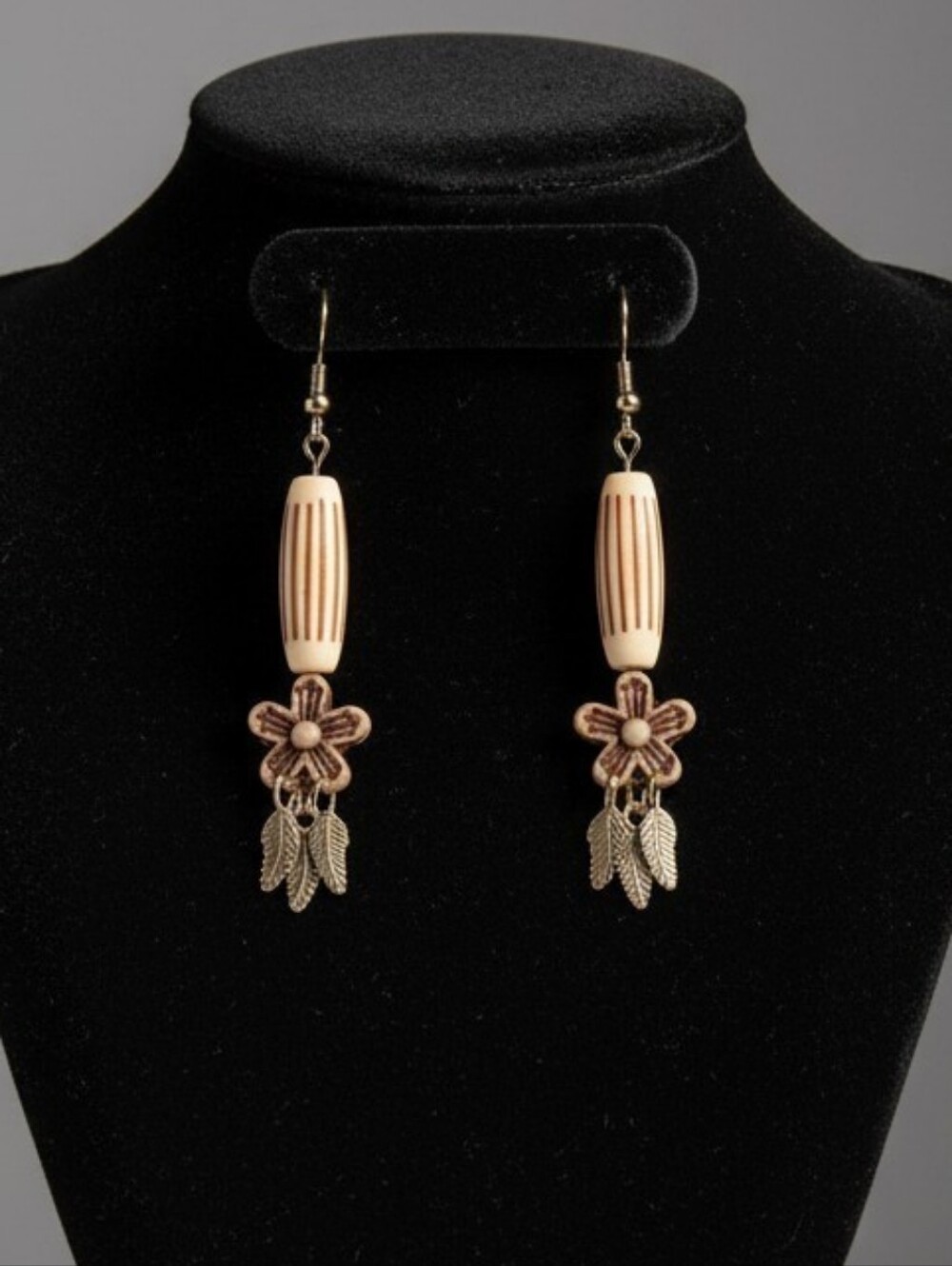 NWT Brown and Cream Bohemian Earrings with Floral Design